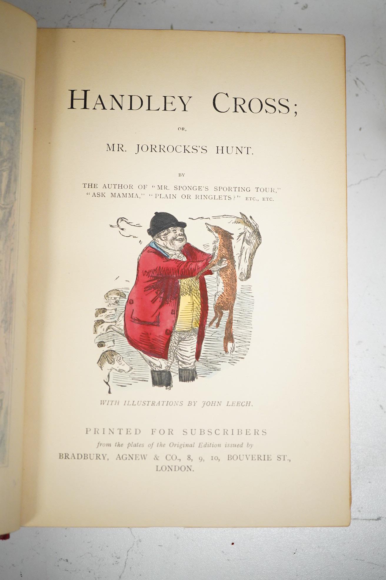 [Surtees, John - Sporting Novels], subscriber's edition, 6 vols. coloured title vignettes and num. hand coloured plates (by John Leech & H.K. Browne); contemp. gilt pictorial, decorated and ruled red calf, panelled spine